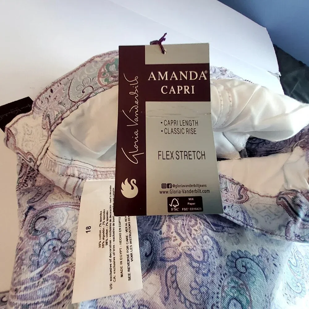 Gloria Vanderbilt Amanda Capri Jeans Lavender Kiss Prussian Paisley Print Size18 - Picture 14 of 16